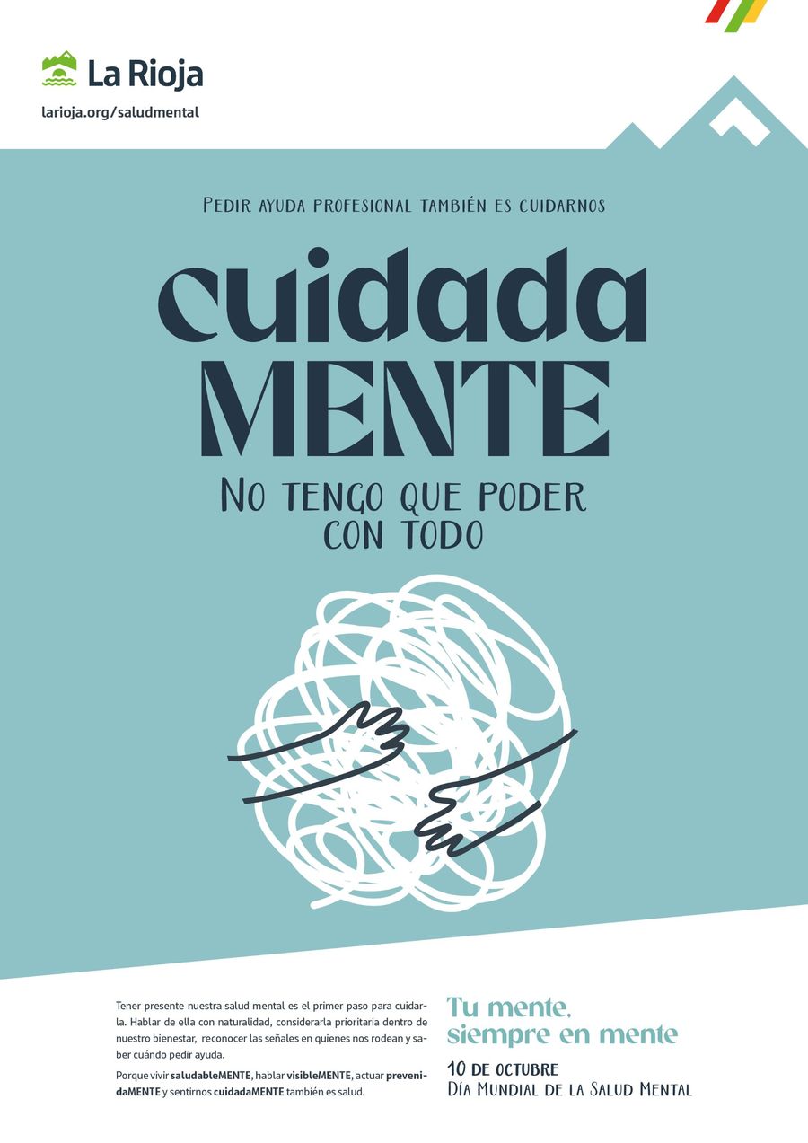 Cartel cuidadaMENTE: «No tengo que poder con todo». Dos manos dibujadas abrazan un ovillo de líneas blancas, sobre fondo azul.