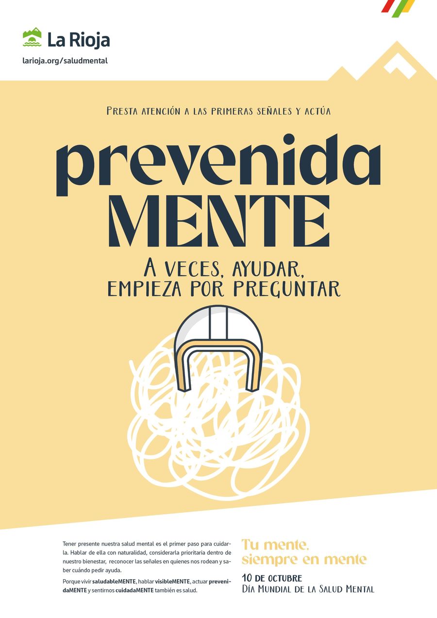 Cartel prevenidaMENTE: «A veces, ayudar empieza por preguntar». Un casco sobre un ovillo de líneas blancas, sobre fondo amarillo.